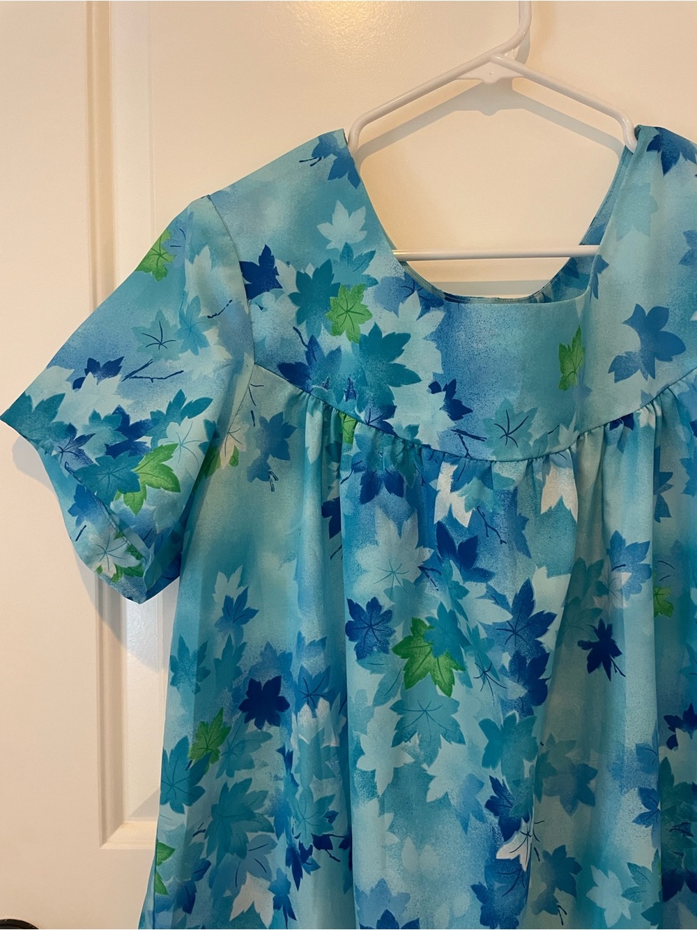 Vintage Blue Floral Muumuu Dress from Hawaii- Light Blue Leaf Print